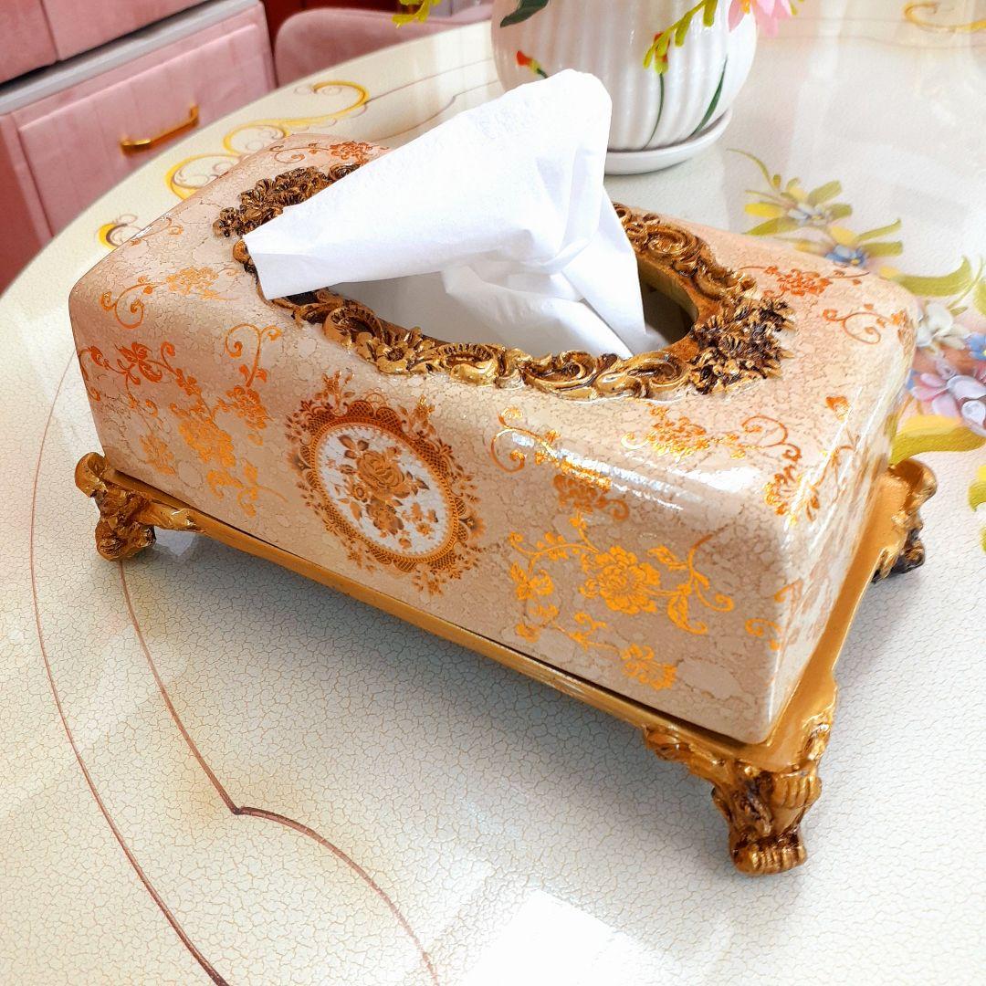 輸入雑貨　シノワズリ　『薔薇のティッシュBOX陶器』　ゴールド　薔薇柄　リビング