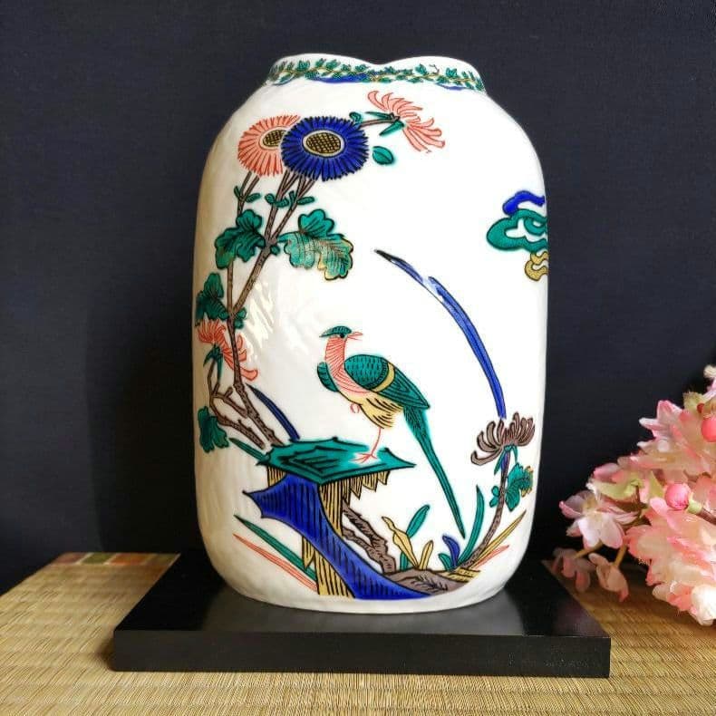 九谷焼 吉右衛門窯 花瓶 古九谷花鳥 色絵五彩 花台付 【未使用美品