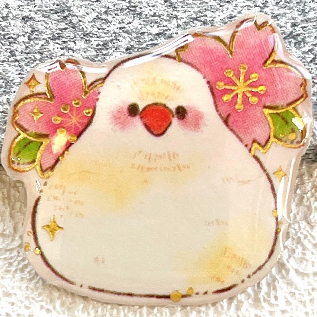 文鳥 シマエナガ 白文鳥 ブローチ チャーム ピンバッジ ヘアゴム 桜 桃