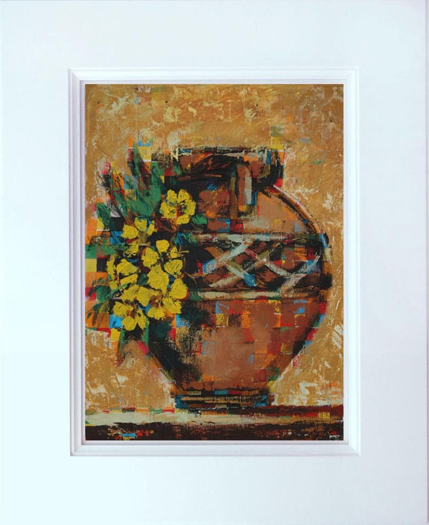 油絵 菅家令子絵 絵画インテリア額付(青緑＋金色の枠) uF6-063904壺花