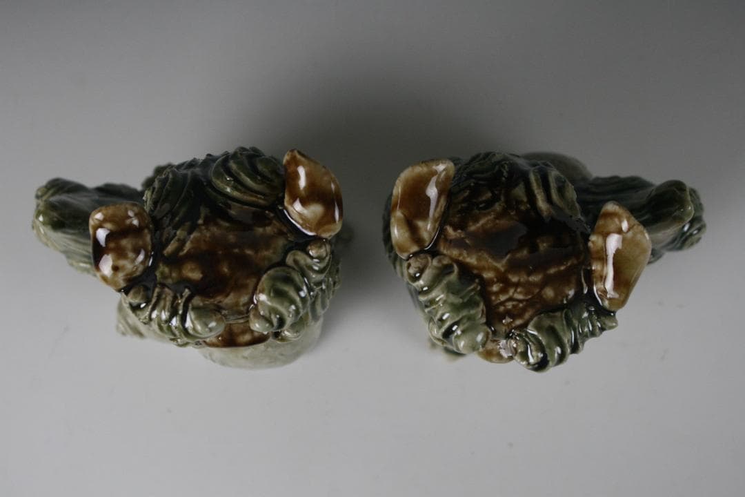 人間国宝金城次郎一門 金城敏徳 作 青磁色付立シーサー（中）1対