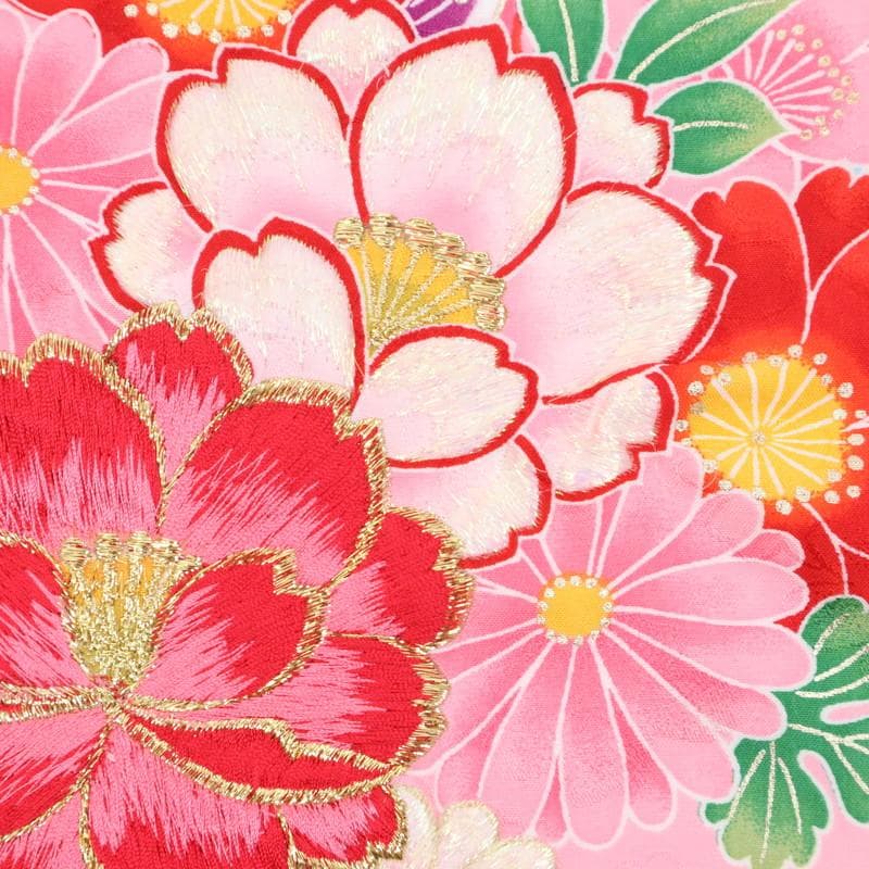 洗える♪七五三女の子＊子供着物＋襦袢セット 花束 ピンク 化繊 お祝着 9RM2