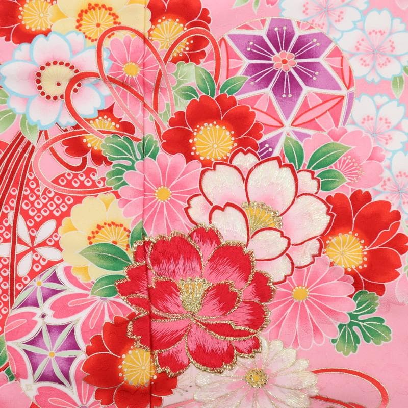 洗える♪七五三女の子＊子供着物＋襦袢セット 花束 ピンク 化繊 お祝着 9RM2