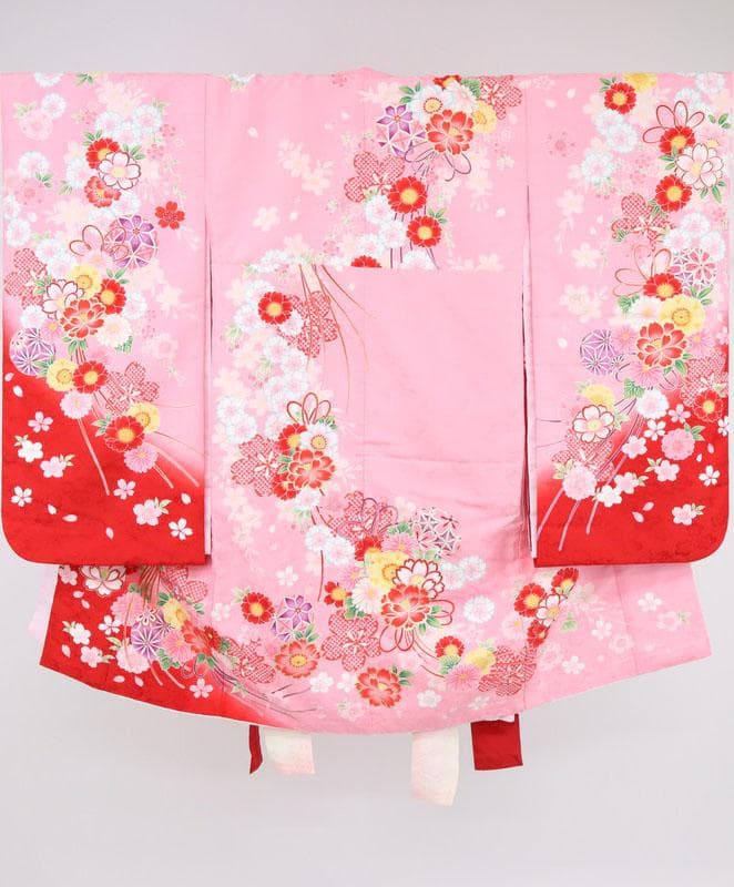 洗える♪七五三女の子＊子供着物＋襦袢セット 花束 ピンク 化繊 お祝着 9RM2