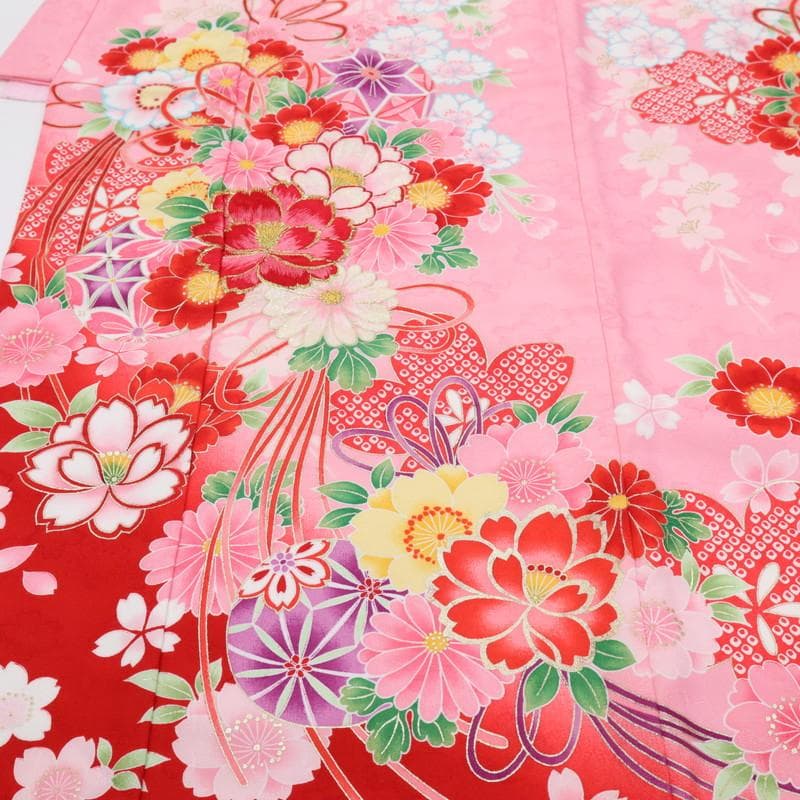 洗える♪七五三女の子＊子供着物＋襦袢セット 花束 ピンク 化繊 お祝着 9RM2