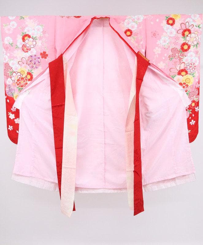 洗える♪七五三女の子＊子供着物＋襦袢セット 花束 ピンク 化繊 お祝着 9RM2