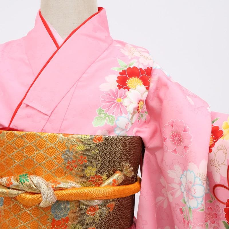 洗える♪七五三女の子＊子供着物＋襦袢セット 花束 ピンク 化繊 お祝着 9RM2