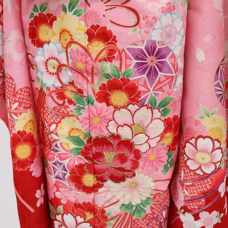 洗える♪七五三女の子＊子供着物＋襦袢セット 花束 ピンク 化繊 お祝着 9RM2