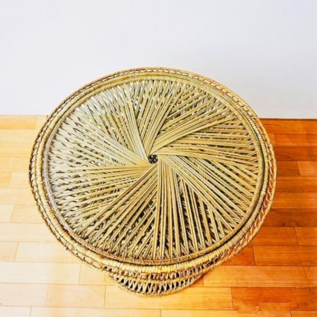 1970–80's ヴィンテージ ラタン ラウンド サイドテーブル｜ガラス天板