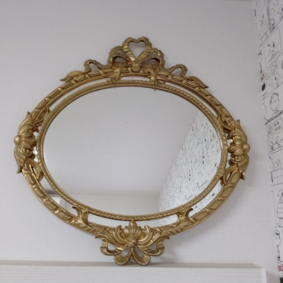 【アンティーク】ゴールド装飾楕円形壁掛けミラー