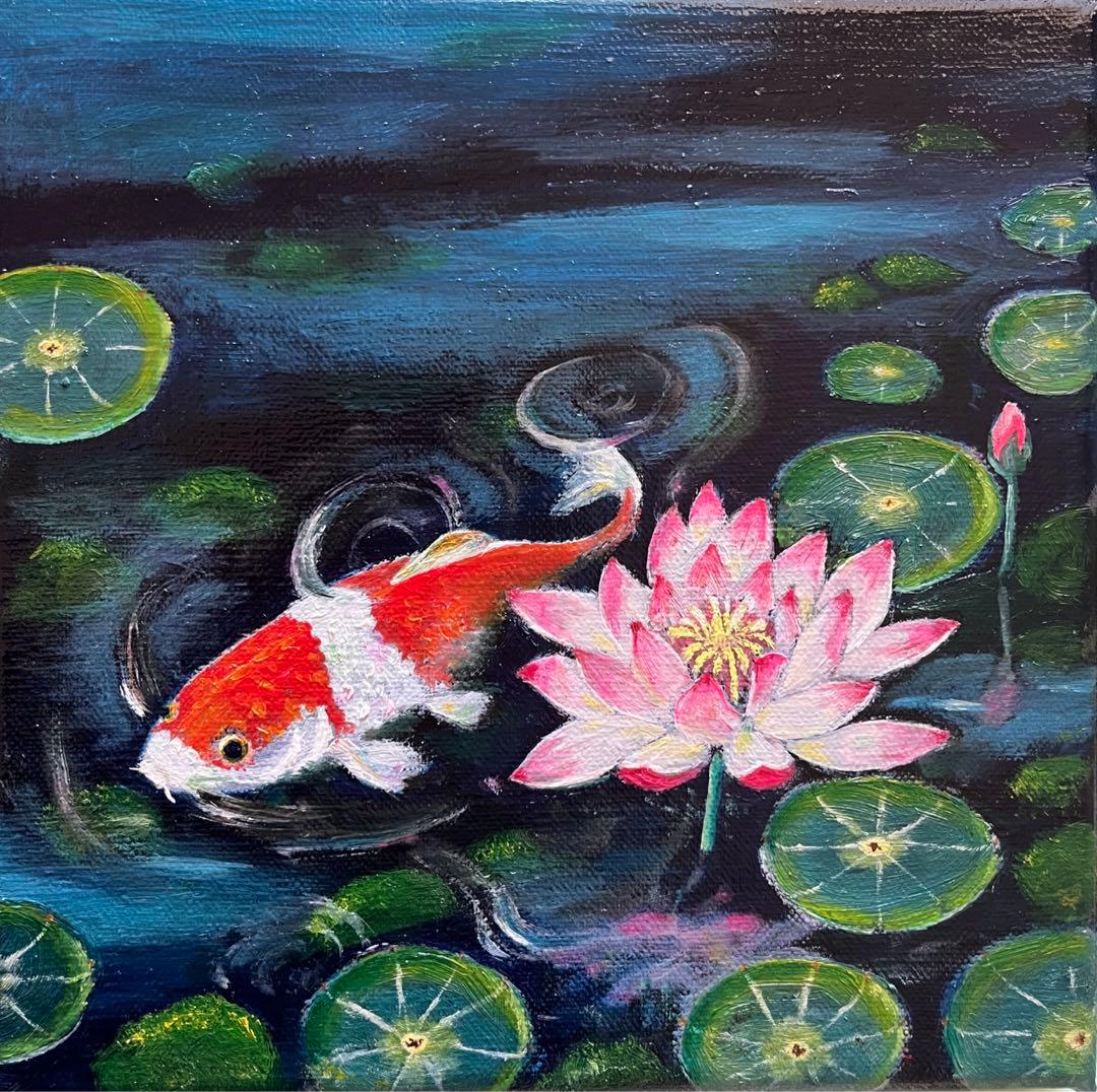 蓮池【油彩画】 絵画 絵 原画 現代アート キャンバス 鯉 - メルカリ