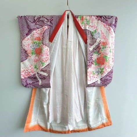 セット七五三7歳女の子長着＆袖なし長襦袢＆袋帯＆草履＆バッグ＆小物紫色しぼり柄