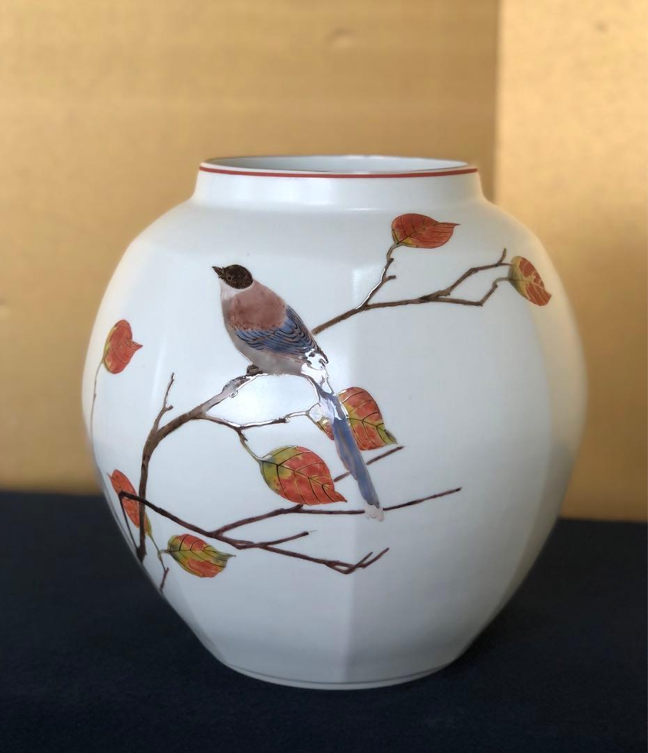 《R》色絵尾長枯葉紋 面取壷 花瓶 花器 影山明志 共箱 251014い2