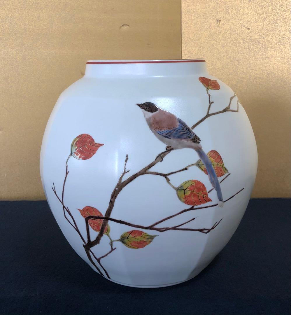 《R》色絵尾長枯葉紋 面取壷 花瓶 花器 影山明志 共箱 251014い2