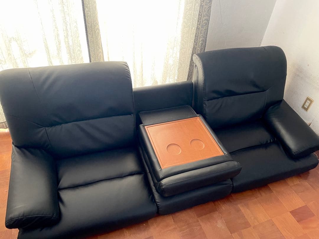 ローソファー 合皮 レザー サイドテーブル付き　ブラック　未使用