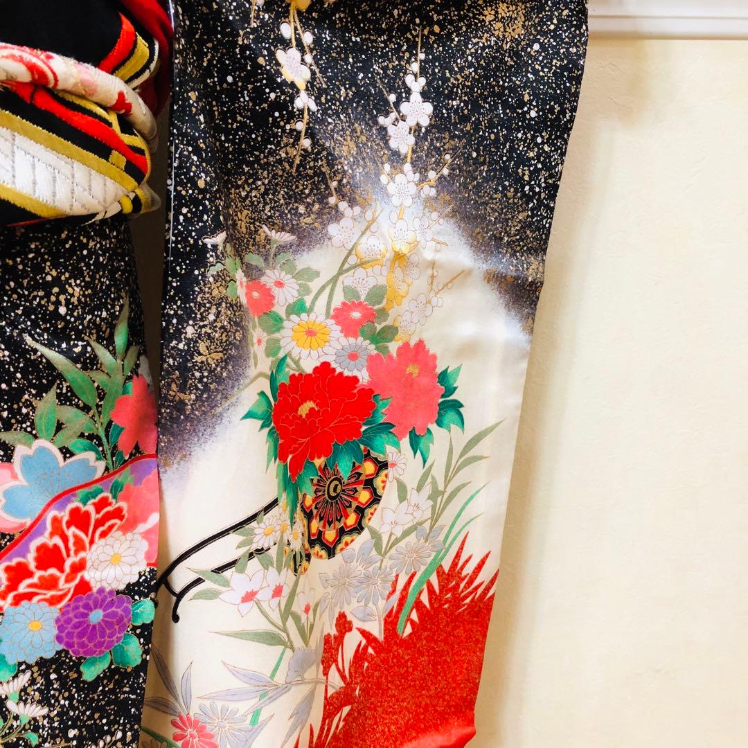 豪華7歳完全フルセット‼️豪華黒地ラメキッラキラ⭐︎花車扇金彩刺繍煌びやか見惚れる❤️