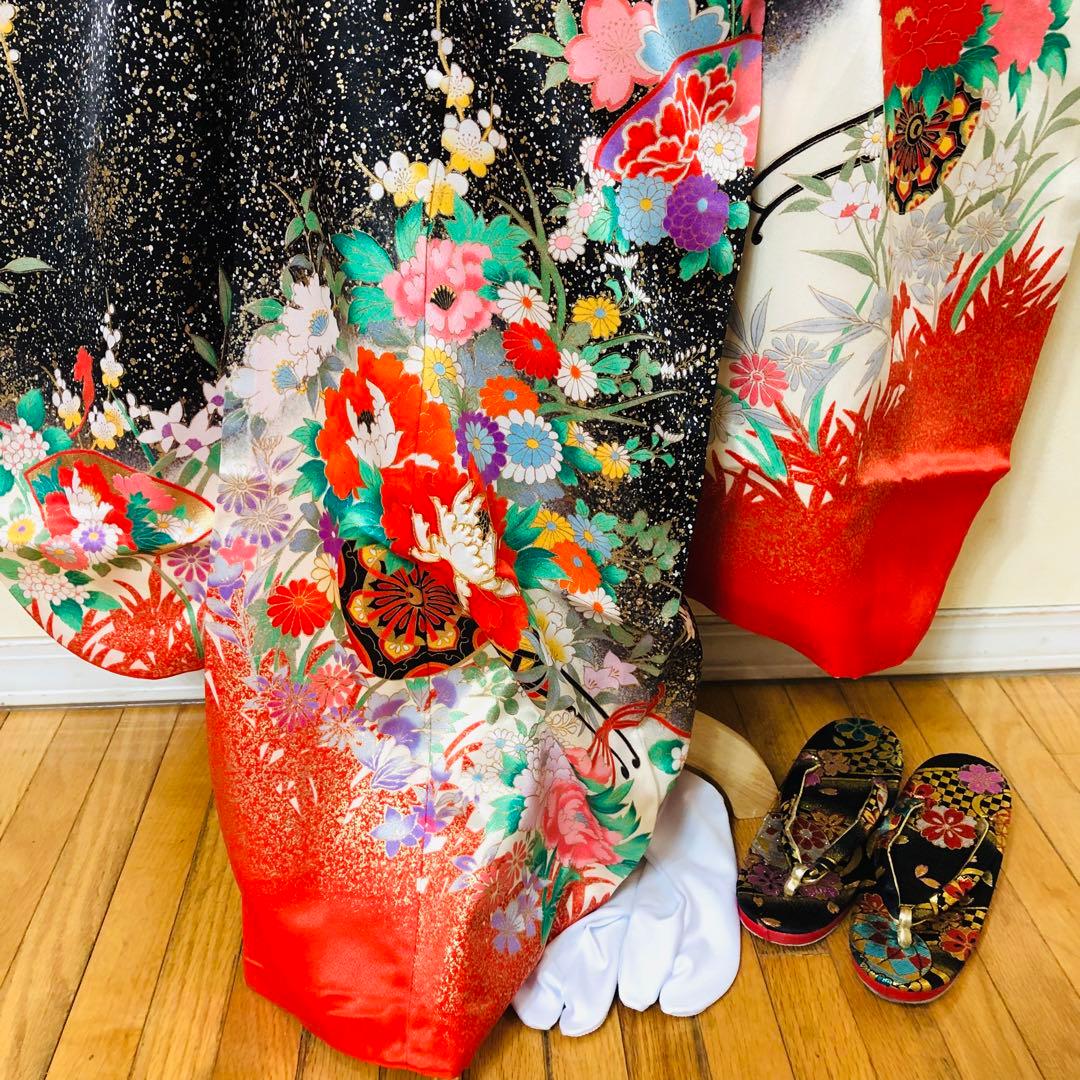 豪華7歳完全フルセット‼️豪華黒地ラメキッラキラ⭐︎花車扇金彩刺繍煌びやか見惚れる❤️