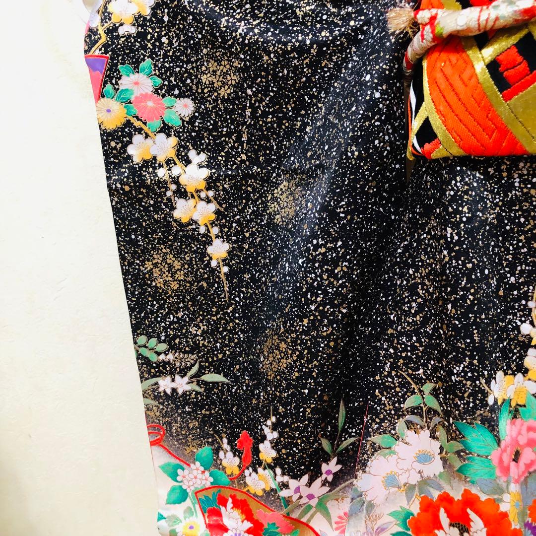 豪華7歳完全フルセット‼️豪華黒地ラメキッラキラ⭐︎花車扇金彩刺繍煌びやか見惚れる❤️