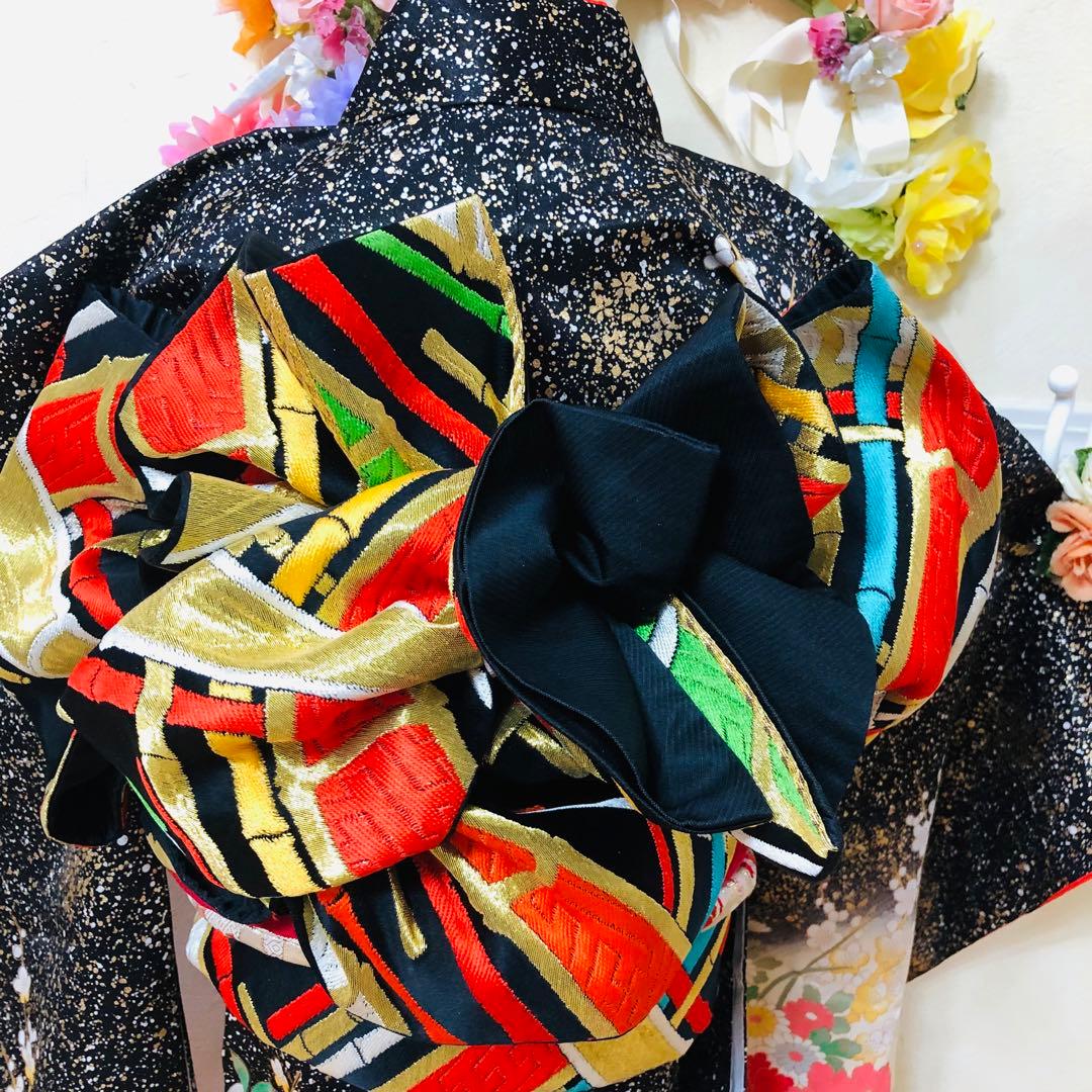 豪華7歳完全フルセット‼️豪華黒地ラメキッラキラ⭐︎花車扇金彩刺繍煌びやか見惚れる❤️