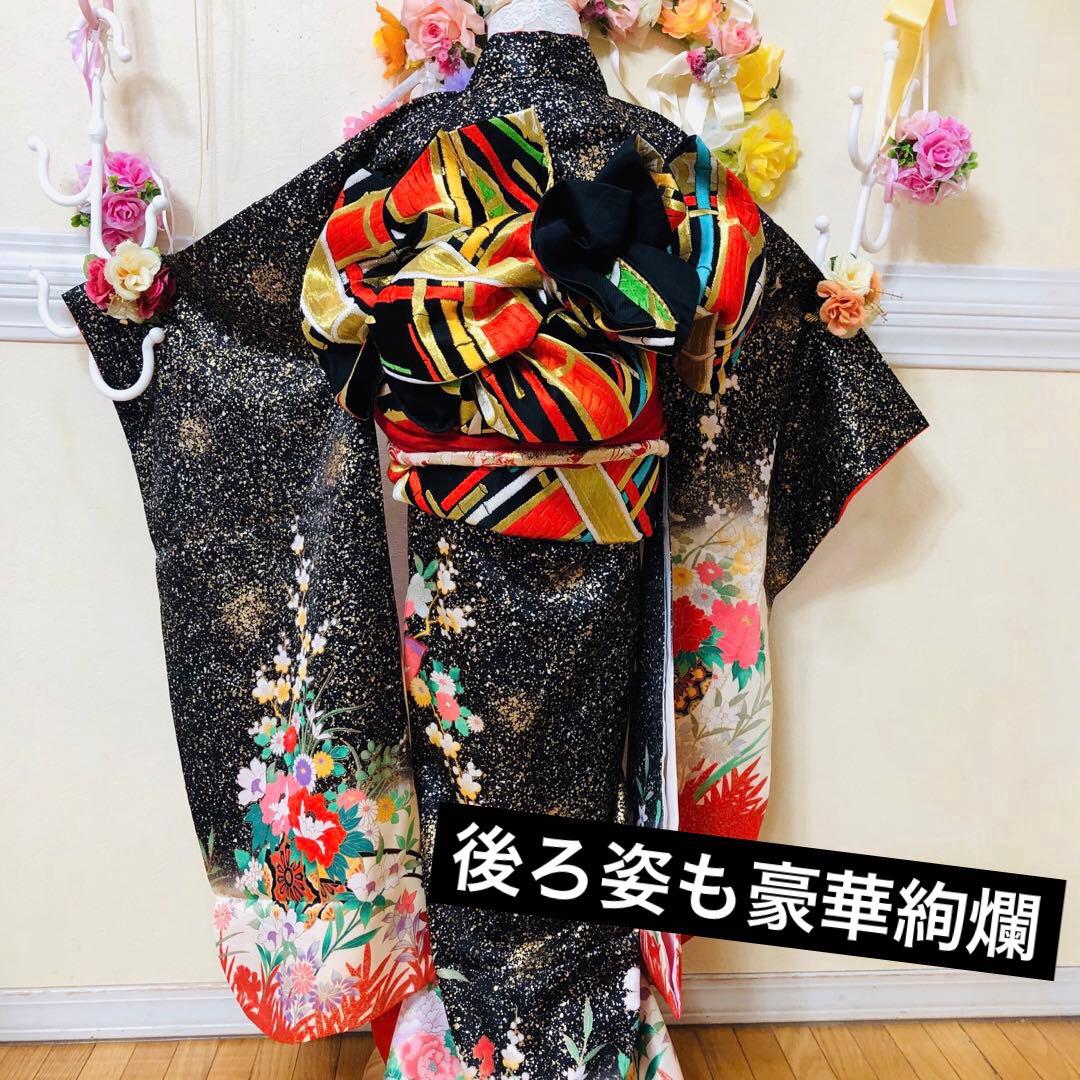 豪華7歳完全フルセット‼️豪華黒地ラメキッラキラ⭐︎花車扇金彩刺繍煌びやか見惚れる❤️