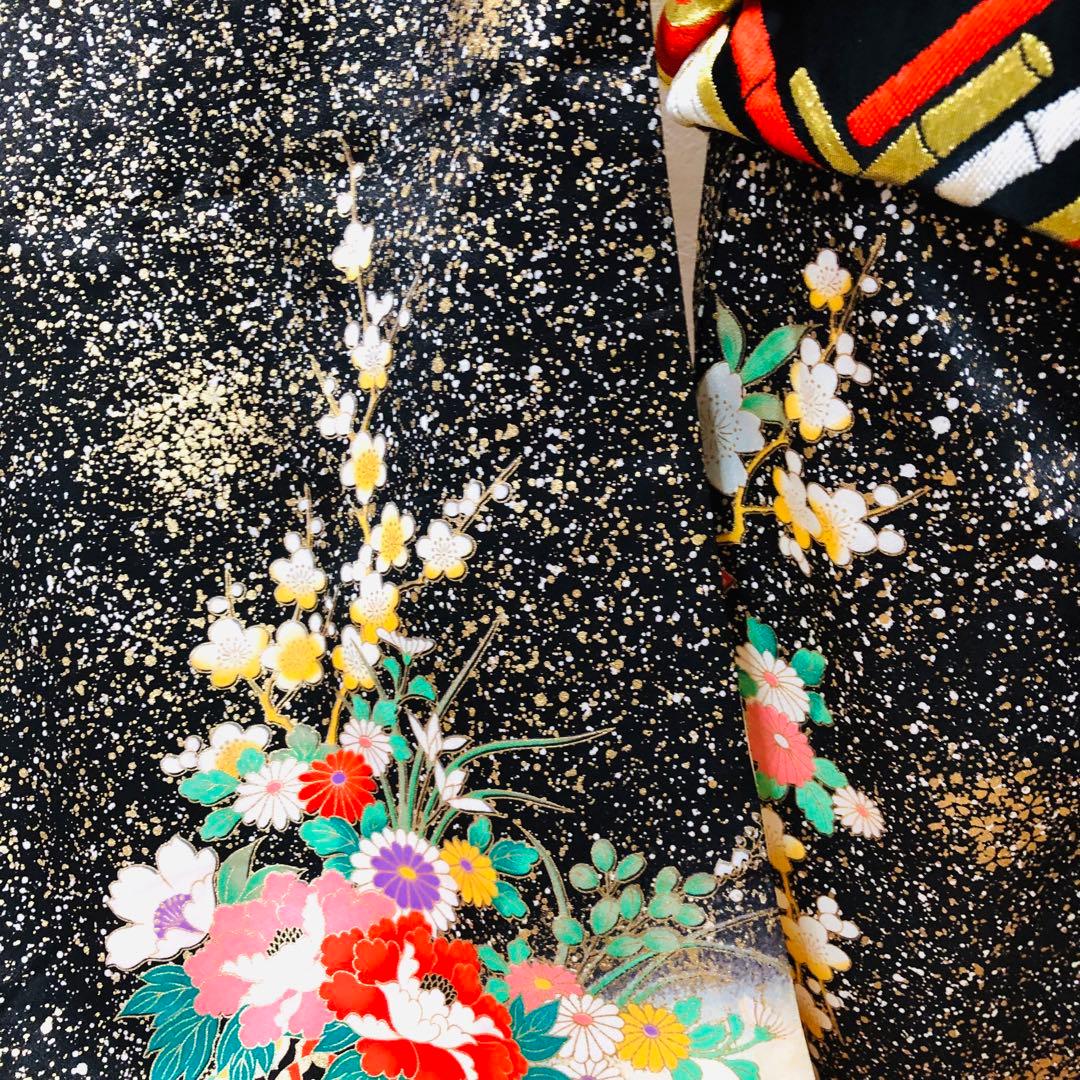 豪華7歳完全フルセット‼️豪華黒地ラメキッラキラ⭐︎花車扇金彩刺繍煌びやか見惚れる❤️