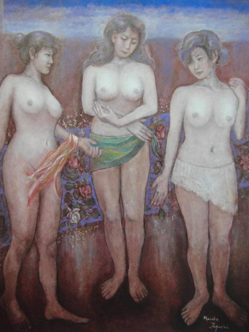 田口 正子、「語らい」、希少な額装用画集より、新品高級額装付、状態良好