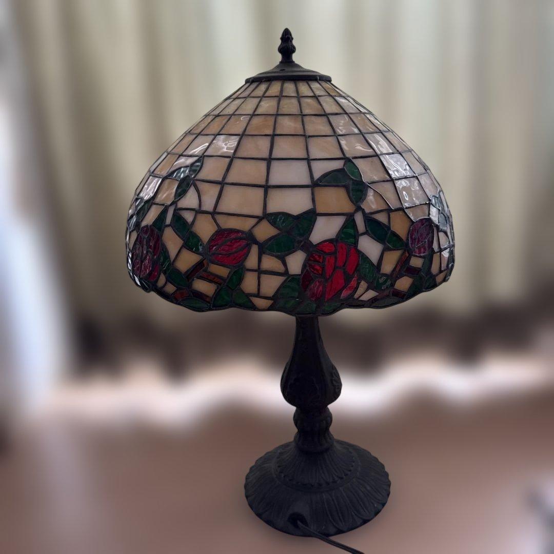 超大型 ビンテージステンドグラス花柄ランプ クリームカラー 高さ57