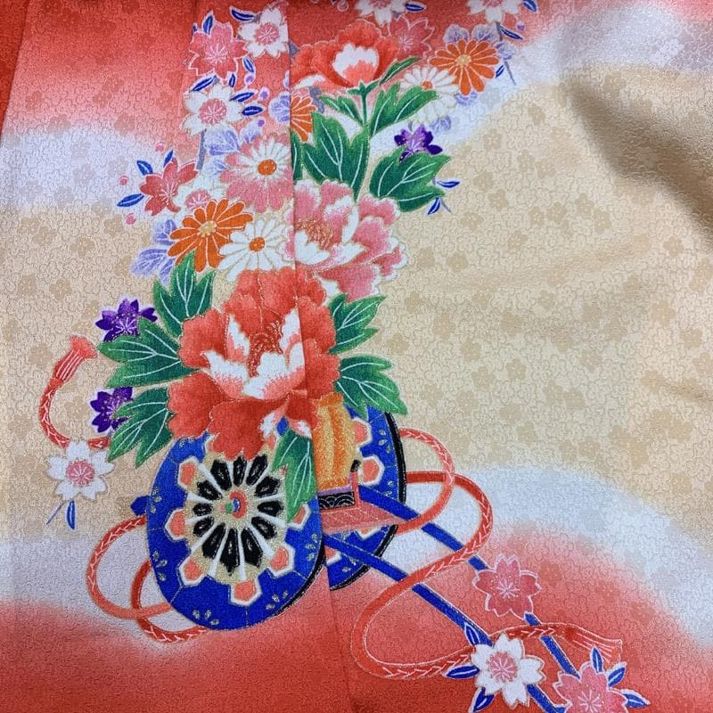 511ag16■七五三 七歳 女児 着物&袋帯 花車 菊 牡丹■美品