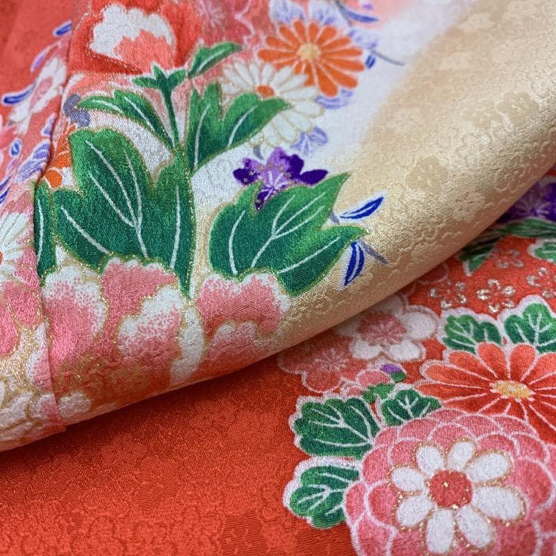 511ag16■七五三 七歳 女児 着物&袋帯 花車 菊 牡丹■美品