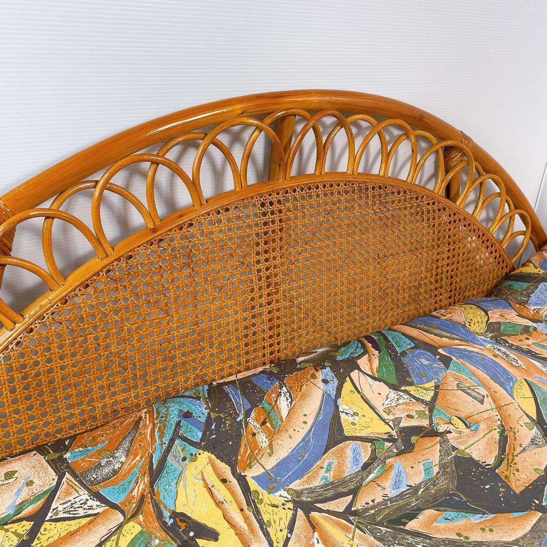 ヴィンテージ ラタン 籐 ソファ ベンチ 2人掛け 昭和レトロ　クッション付き