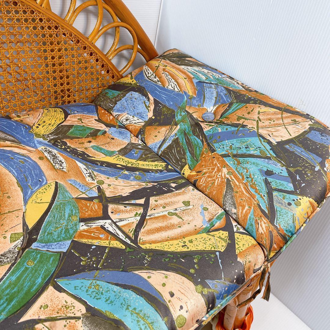 ヴィンテージ ラタン 籐 ソファ ベンチ 2人掛け 昭和レトロ　クッション付き