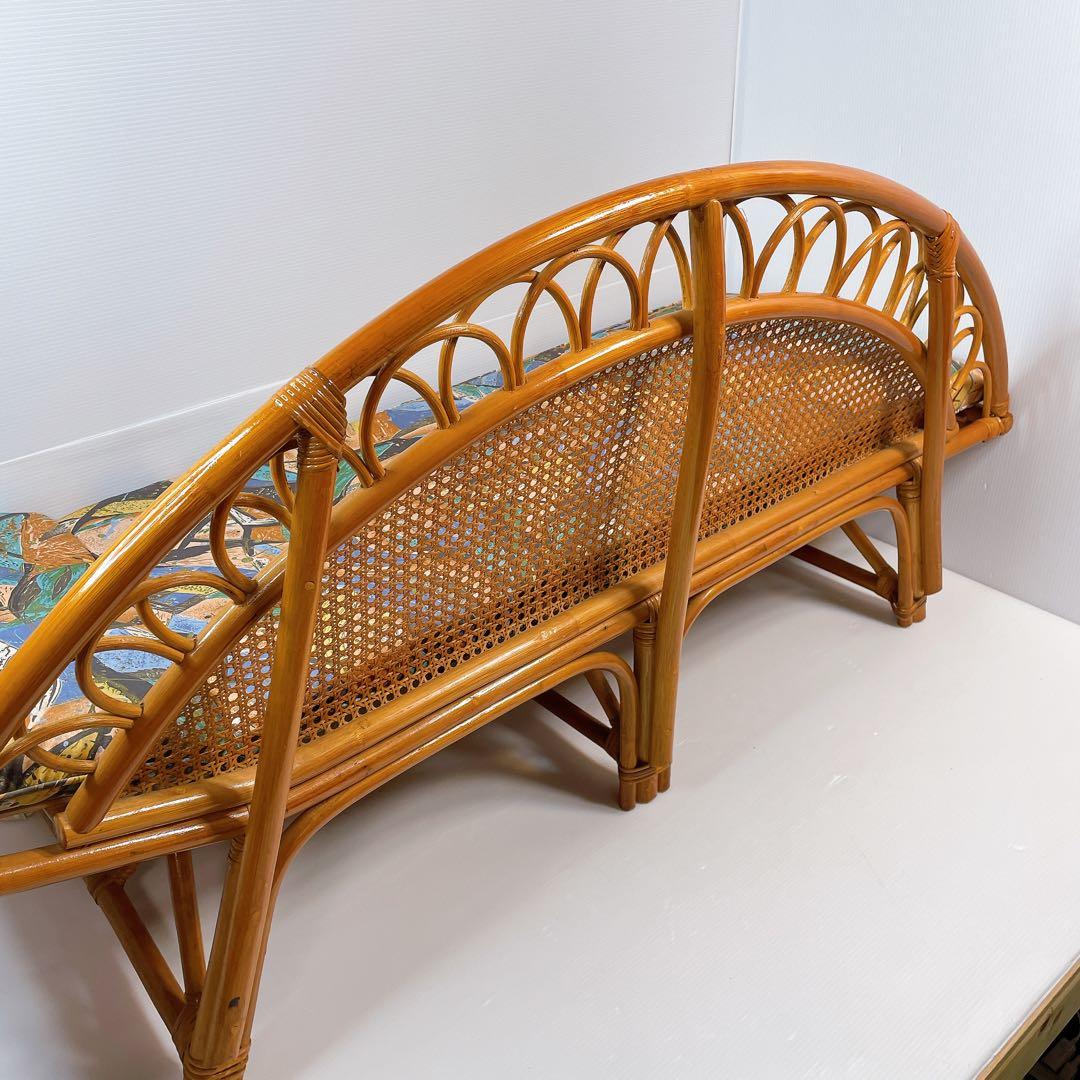 ヴィンテージ ラタン 籐 ソファ ベンチ 2人掛け 昭和レトロ　クッション付き