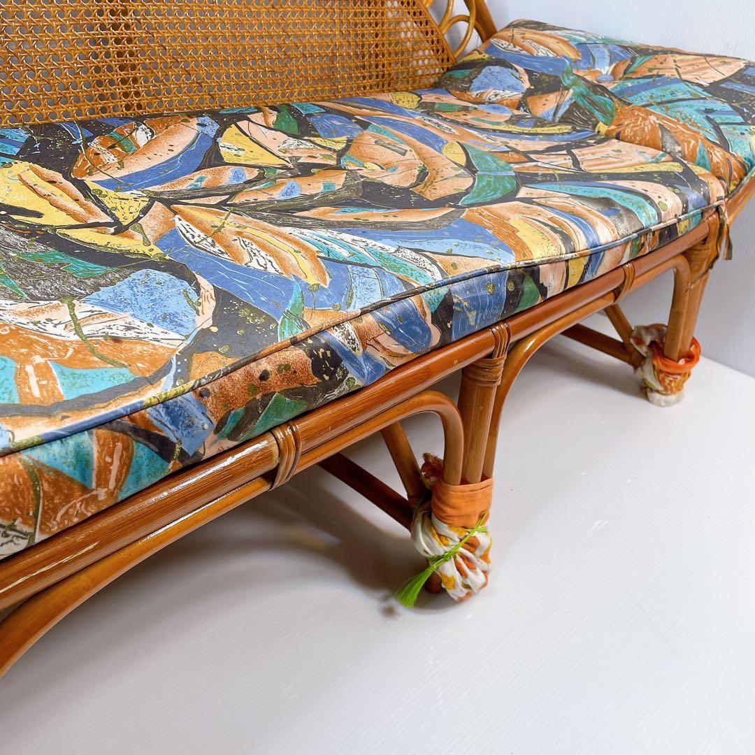 ヴィンテージ ラタン 籐 ソファ ベンチ 2人掛け 昭和レトロ　クッション付き