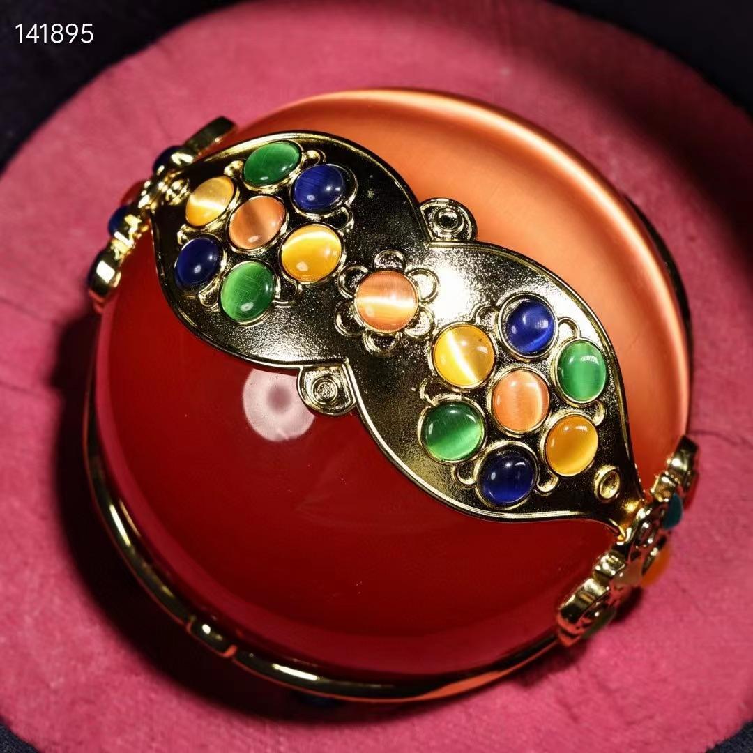 中国古美術・旧収蔵品・大猫眼石镶嵌宝石球・1.5kg・刺繍箱付・極細工・聚財置物