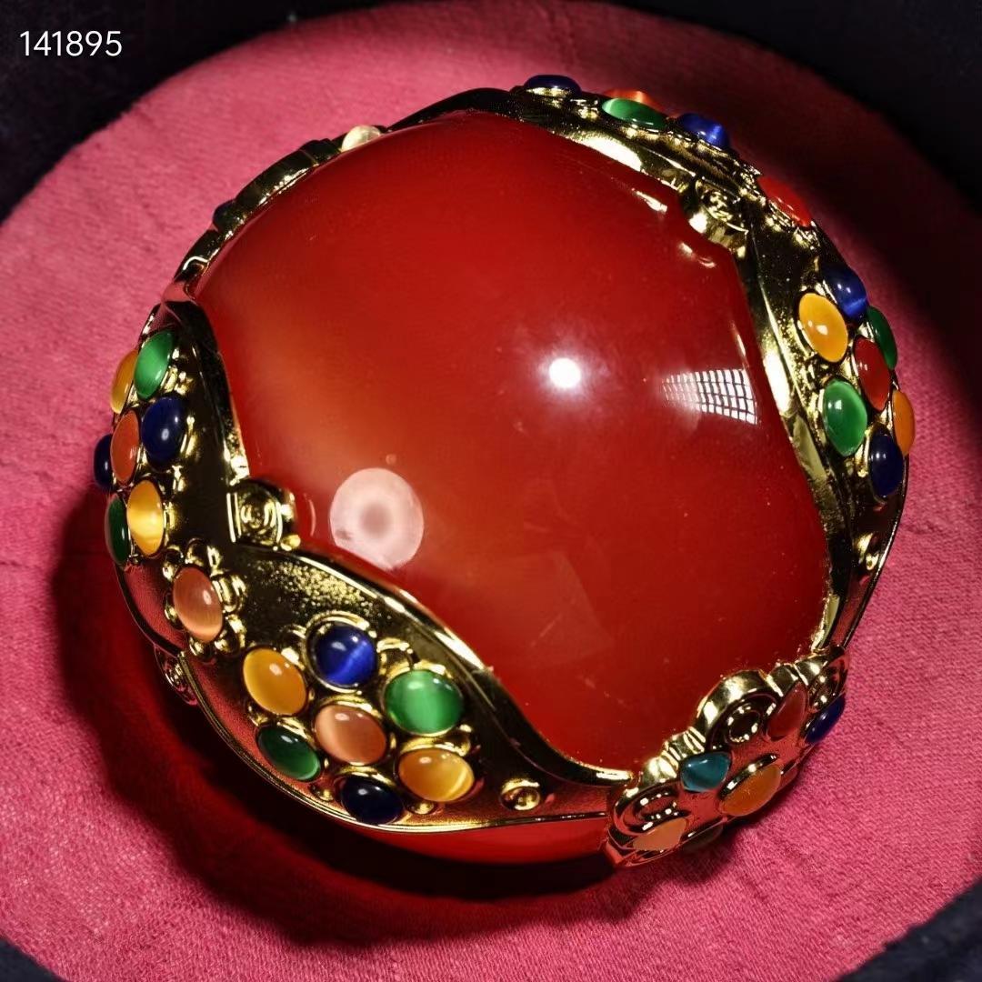 中国古美術・旧収蔵品・大猫眼石镶嵌宝石球・1.5kg・刺繍箱付・極細工・聚財置物