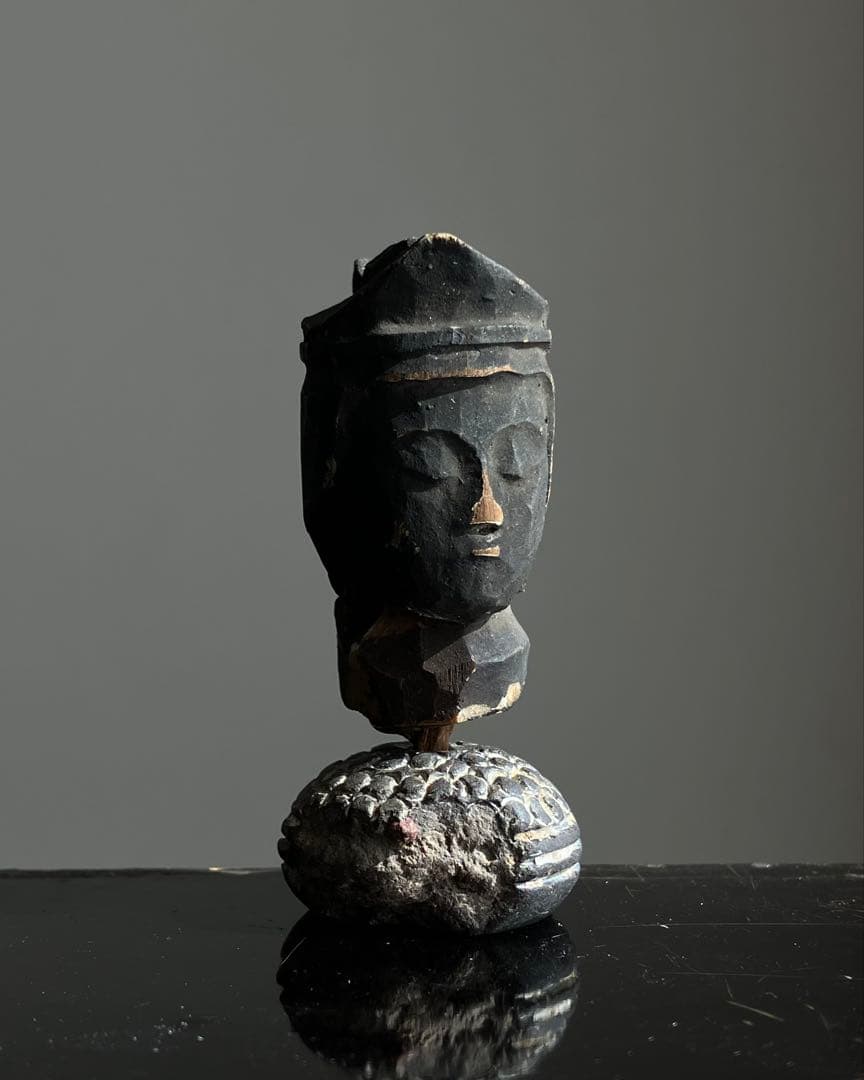 【祈りの木彫仏頭 室町後期〜江戸初期頃 約4.5㎝】残欠古美術骨董歴史資料お守り
