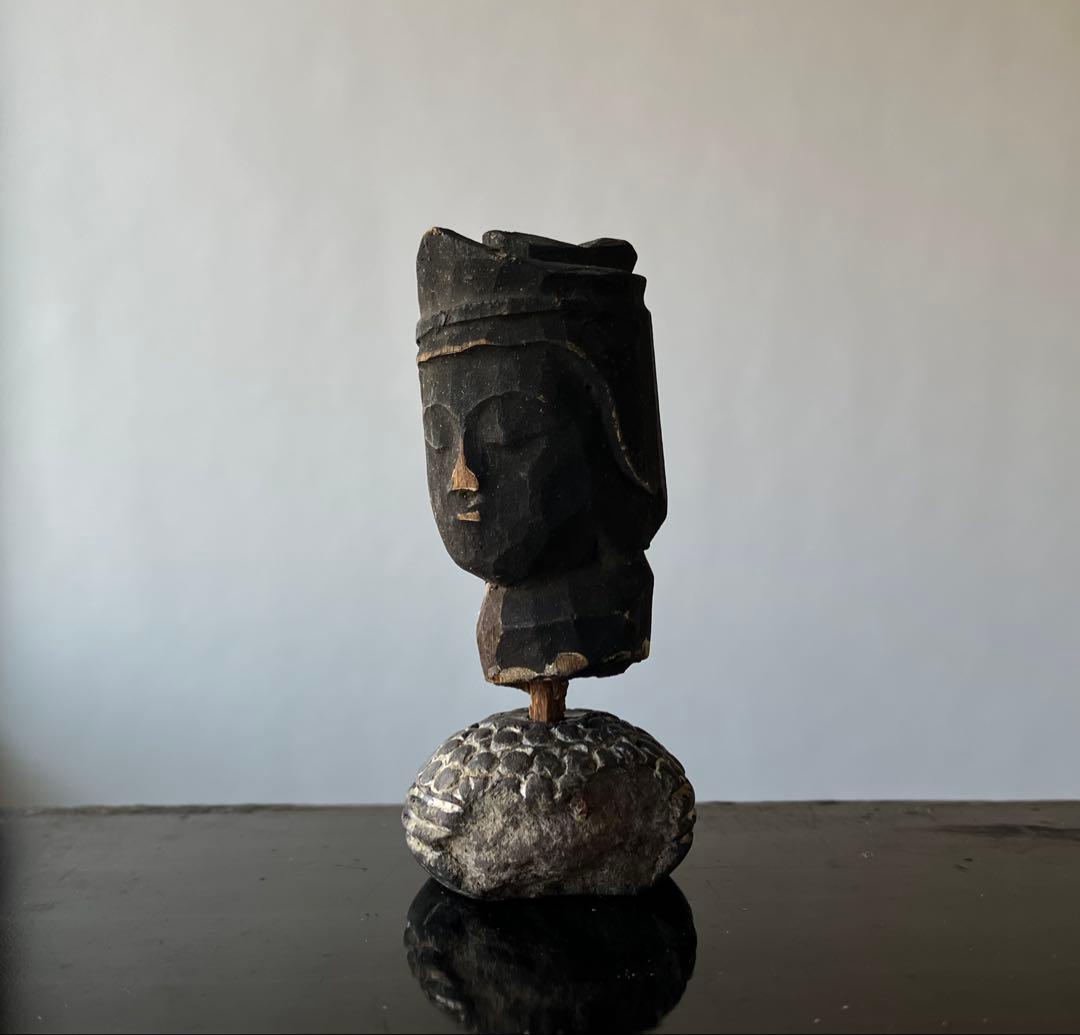 【祈りの木彫仏頭 室町後期〜江戸初期頃 約4.5㎝】残欠古美術骨董歴史資料お守り