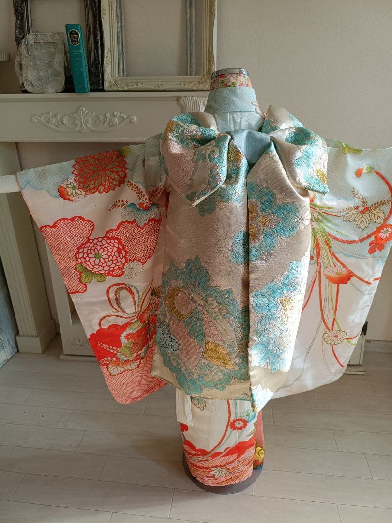 専用です☆アンティーク白に鹿の子模様の着物と白系だらり帯セット