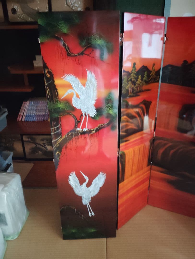 手描き鶴の木製屏風 4つ折り DZ112 折り鶴 壱