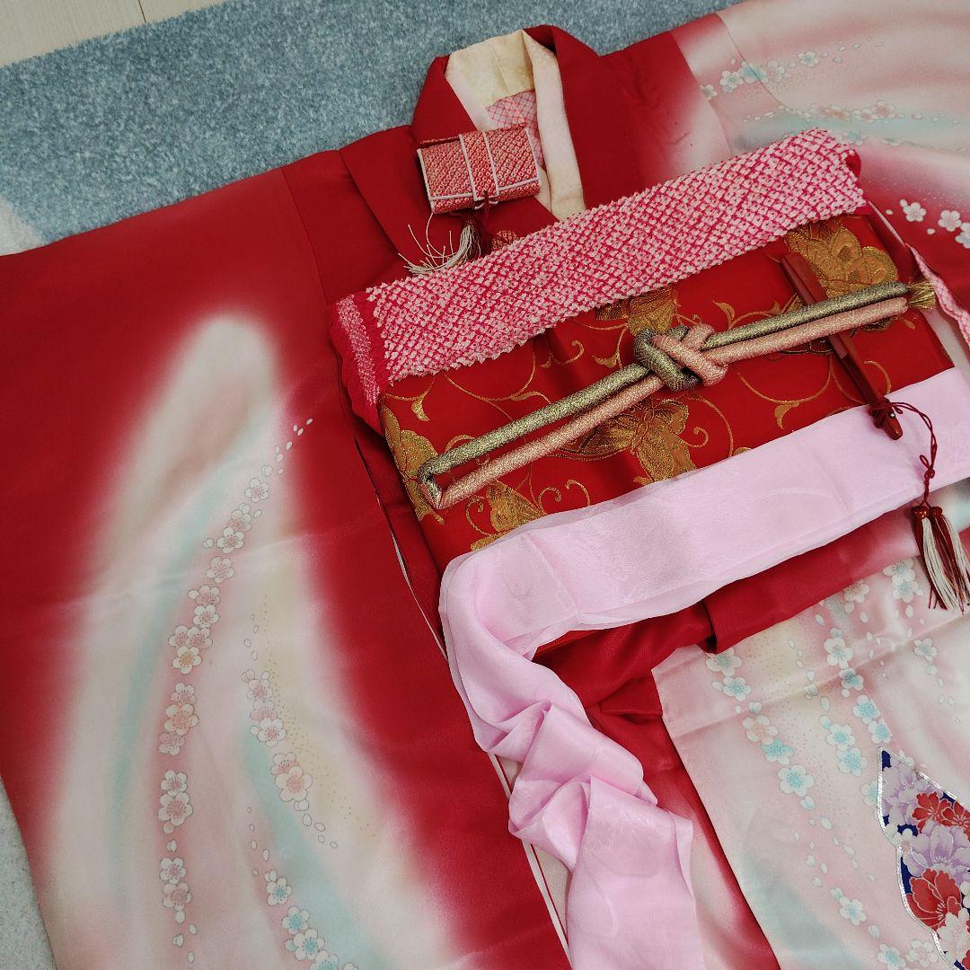 七五三 7歳 正絹綸子 セミアンティーク 着物 帯 バッグ 草履 小物セット