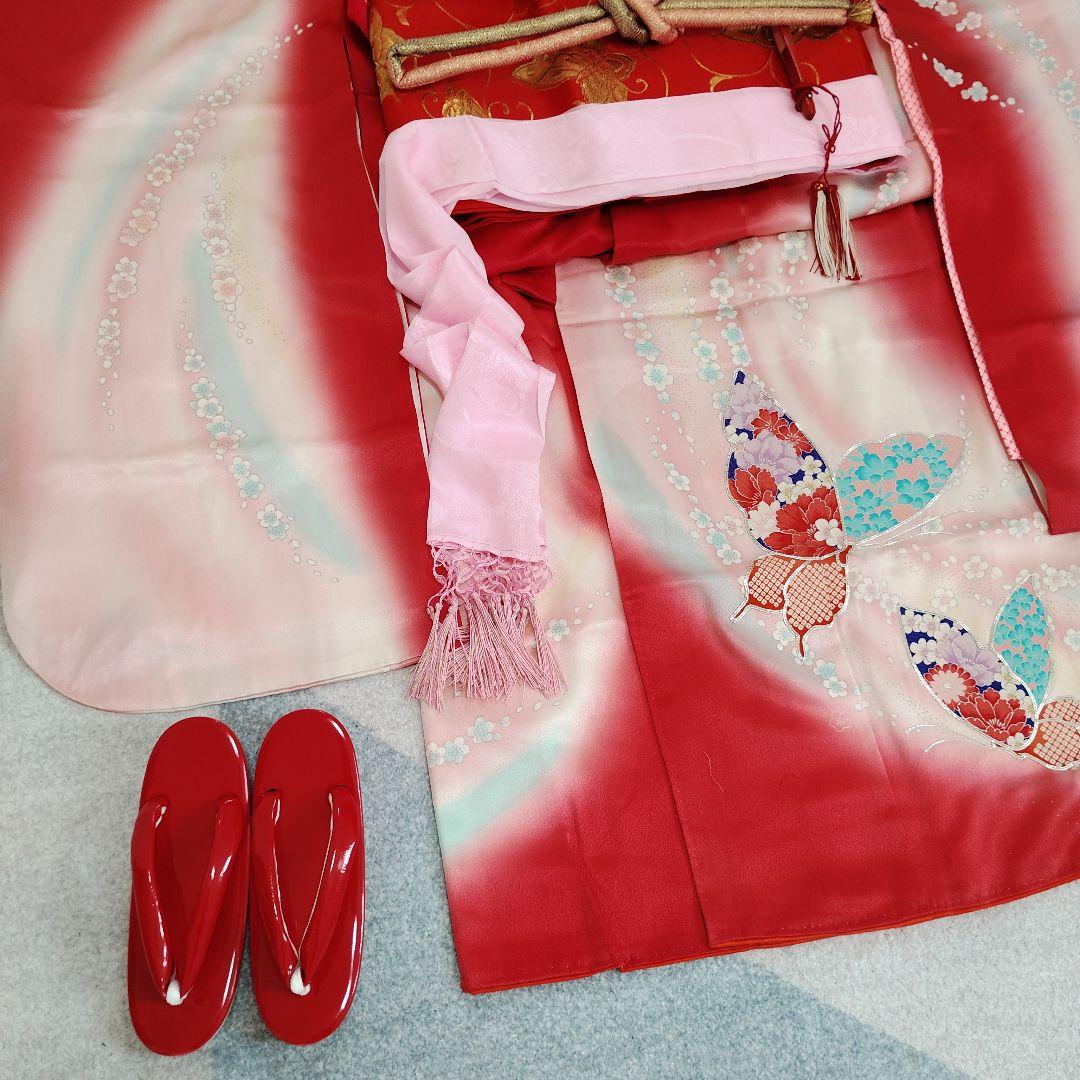 七五三 7歳 正絹綸子 セミアンティーク 着物 帯 バッグ 草履 小物セット