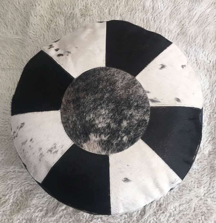 本革パッチワーク・オットマン・毛付き・ブラック・ホワイト・プフ