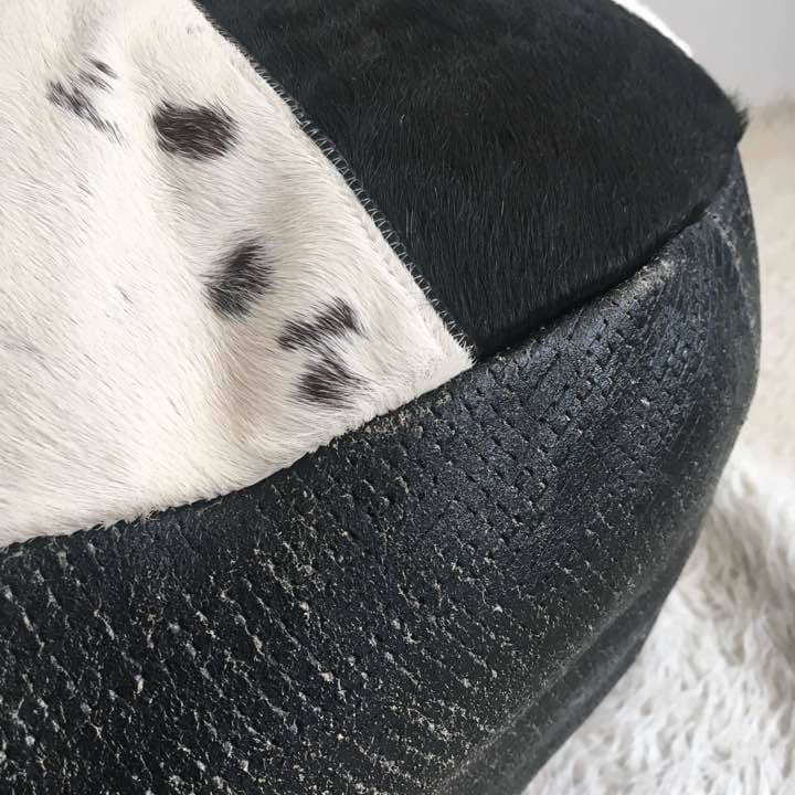 本革パッチワーク・オットマン・毛付き・ブラック・ホワイト・プフ