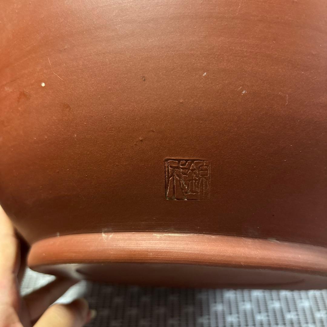 朱泥の陶器火鉢　美品　常滑焼　メダカ鉢山の風景彫刻