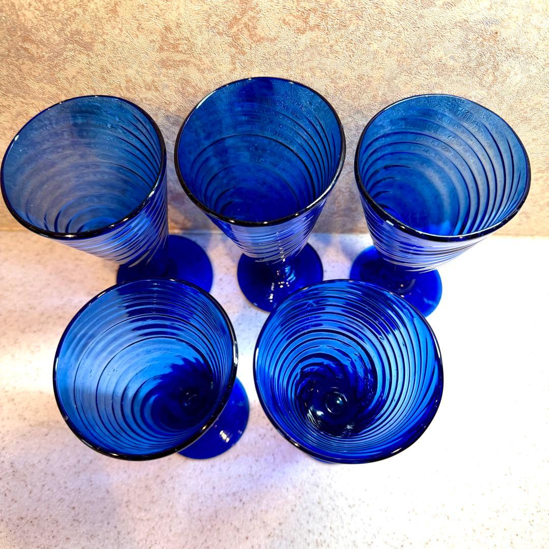 TLAQUEPAQUE メキシコ製,青いグラス5個,手吹き,ヴィンテージ ,美品