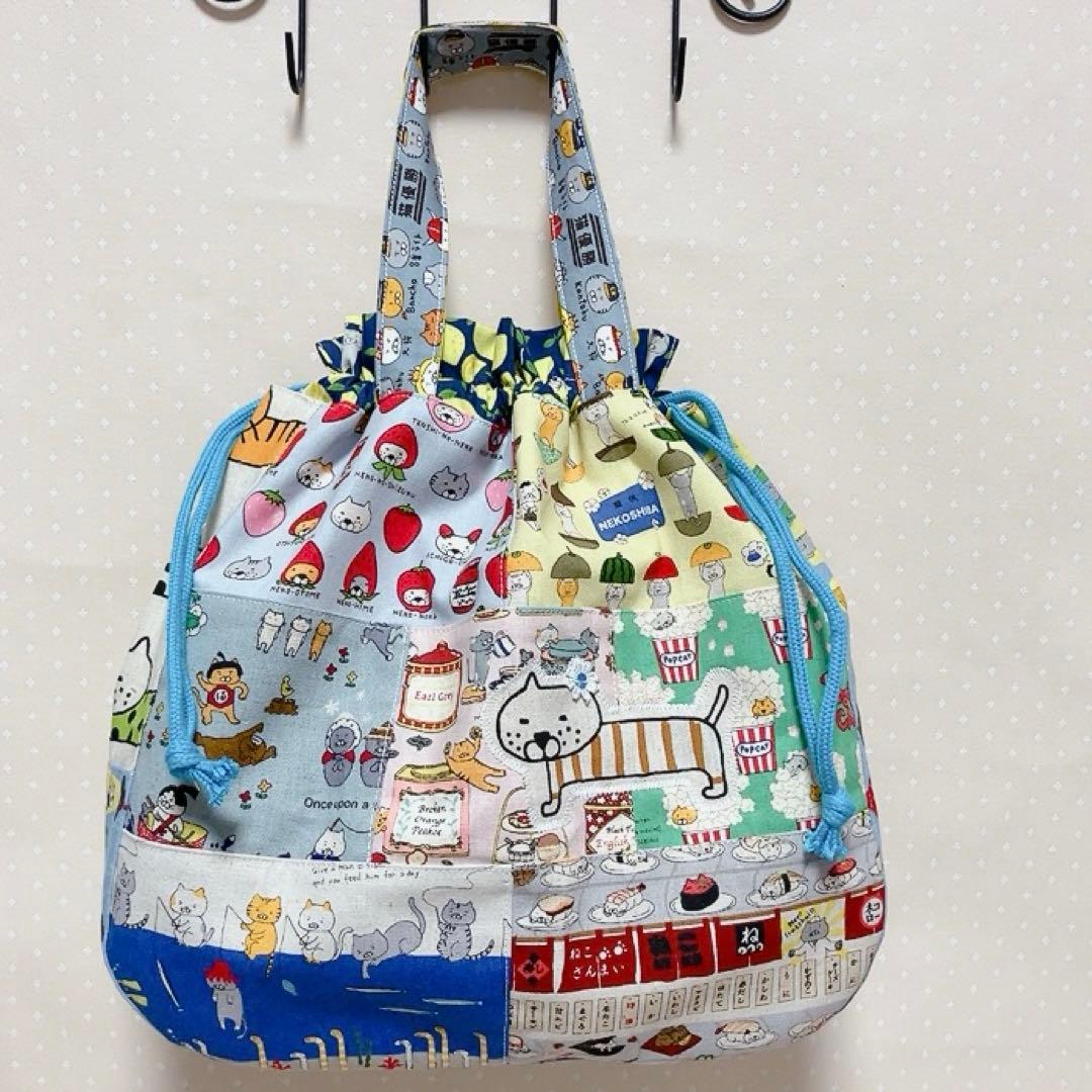 チューリップ型 巾着トートバッグ ねこ生地パッチワーク 3way レモン猫