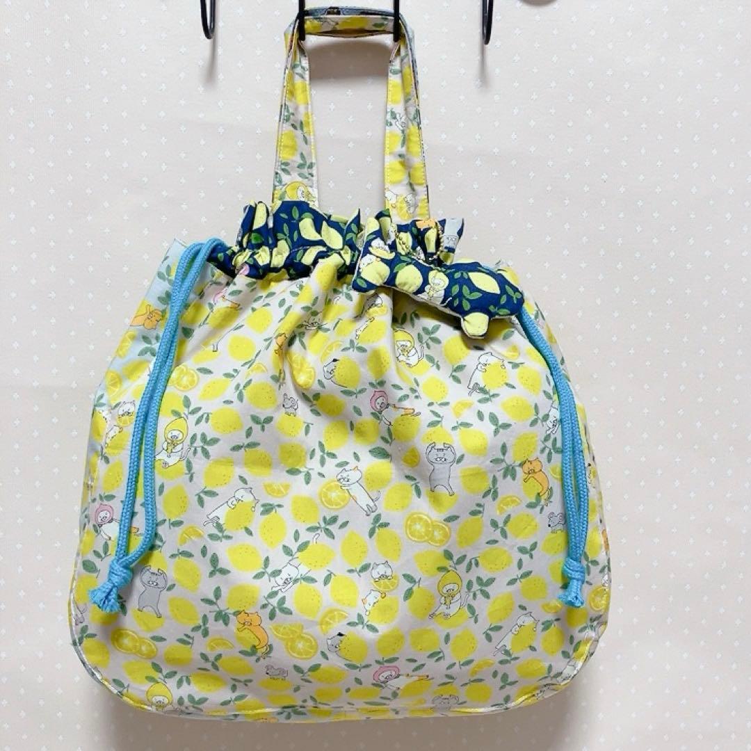 チューリップ型 巾着トートバッグ ねこ生地パッチワーク 3way レモン猫
