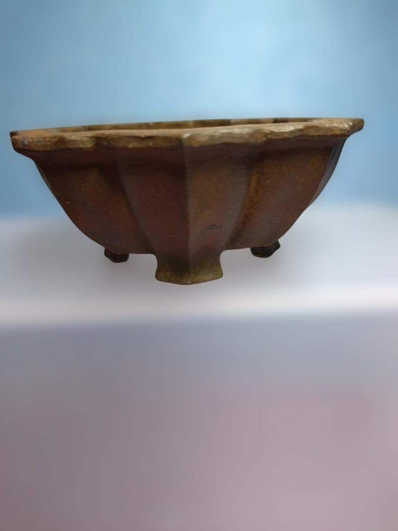 茶色い八角形陶器鉢/ 市之倉石洲