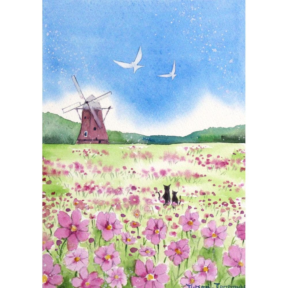 原画）コスモス畑と風車の風景【A5サイズ／水彩画／#2587】 - メルカリ