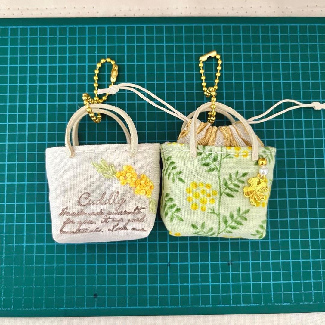 2405-33 ミニチュアトート・巾着トートサシェ 香り袋 ミモザ ライム 刺繍